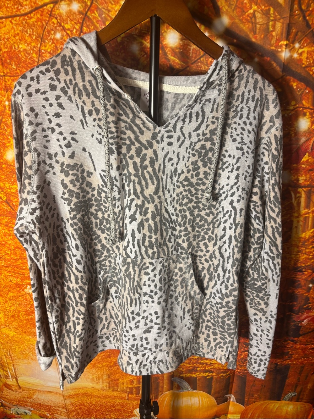 Light Gray Animal Print Hoodie Sweater - Women